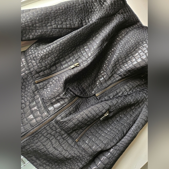 Worthington Croc Embossed Moto Jacket Medium Black Faux Leather Biker Chic - Picture 5 of 10